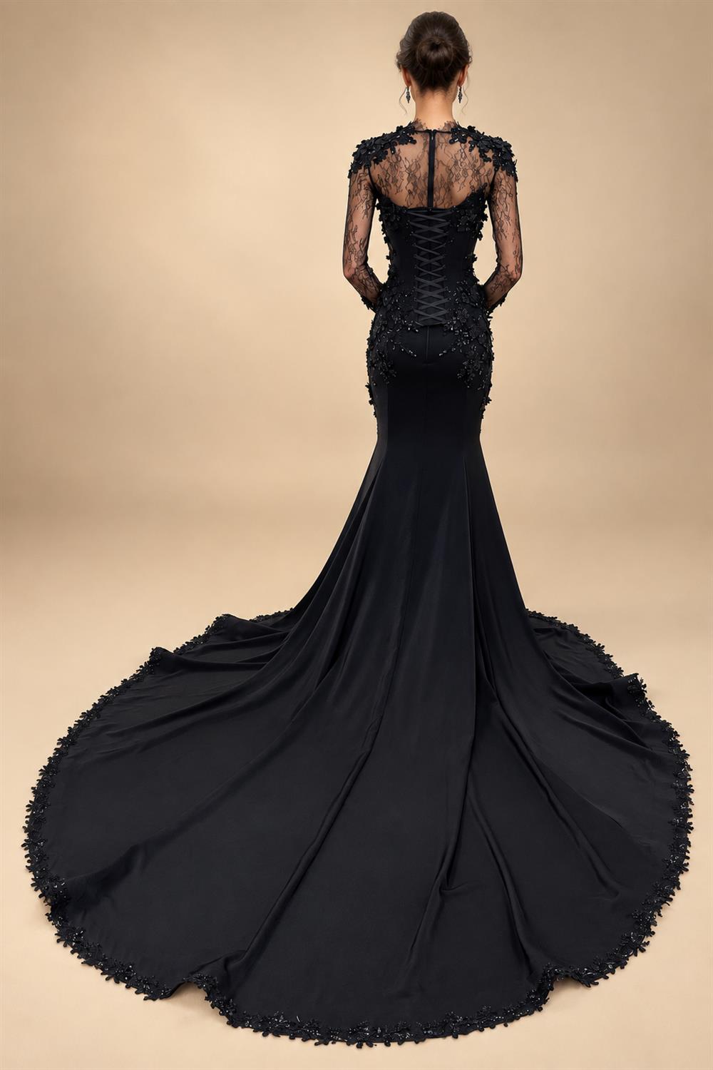 Black Luxury Gothic Wedding Dress Mermaid 3D Floral  With Lace Edge Train ZP194
