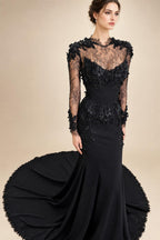 Black Luxury Gothic Wedding Dress Mermaid 3D Floral  With Lace Edge Train ZP194