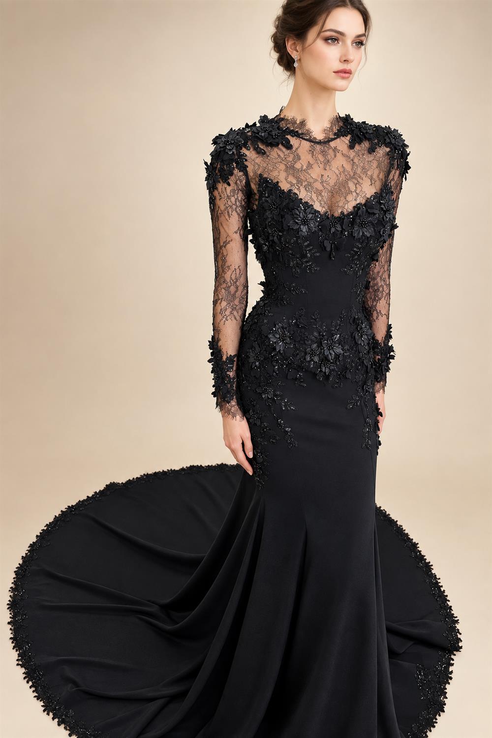 Black Luxury Gothic Wedding Dress Mermaid 3D Floral  With Lace Edge Train ZP194