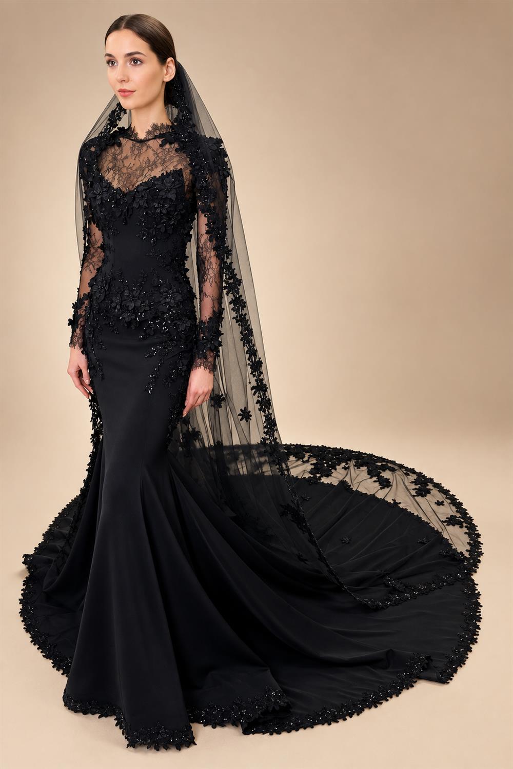 Black Luxury Gothic Wedding Dress Mermaid 3D Floral  With Lace Edge Train ZP194
