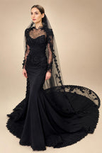 Black Luxury Gothic Wedding Dress Mermaid 3D Floral  With Lace Edge Train ZP194