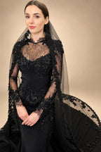 Black Luxury Gothic Wedding Dress Mermaid 3D Floral  With Lace Edge Train ZP194