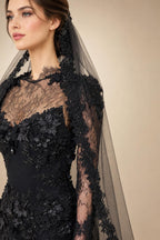 Black Luxury Gothic Wedding Dress Mermaid 3D Floral  With Lace Edge Train ZP194