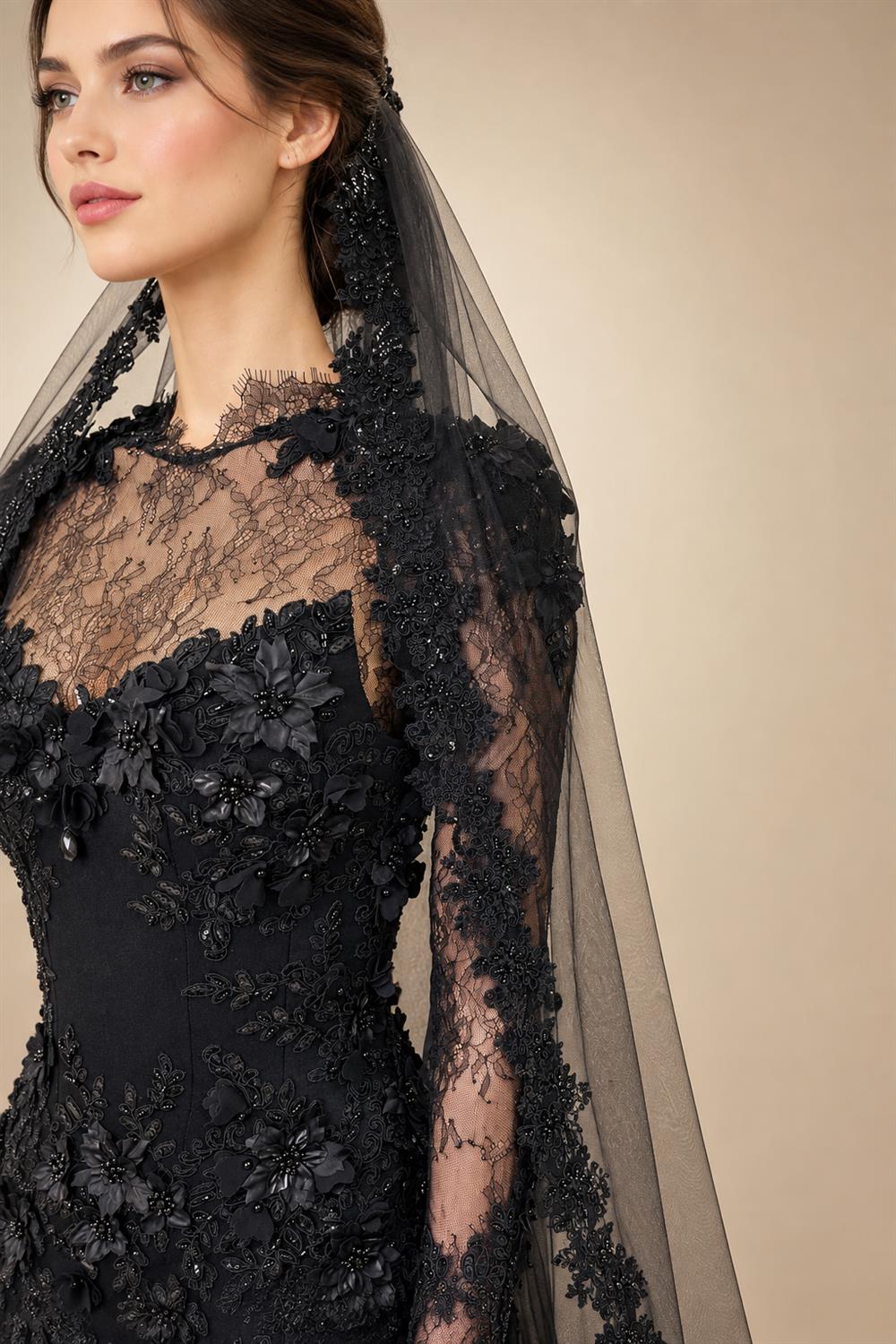 Black Luxury Gothic Wedding Dress Mermaid 3D Floral  With Lace Edge Train ZP194