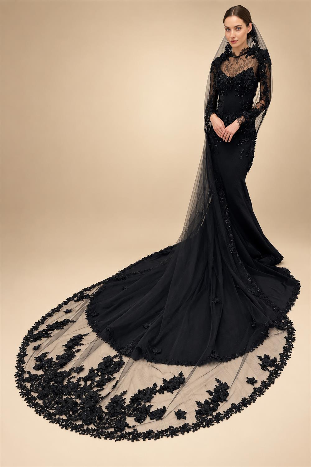 Black Luxury Gothic Wedding Dress Mermaid 3D Floral  With Lace Edge Train ZP194