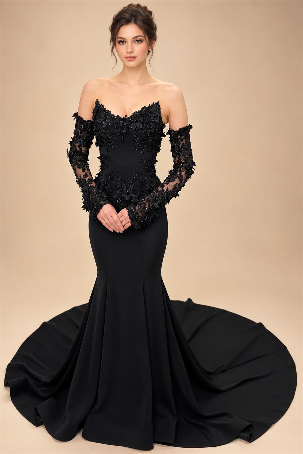 Black Luxury Gothic Wedding Dress Mermaid 3D Floral Lace  ZP195