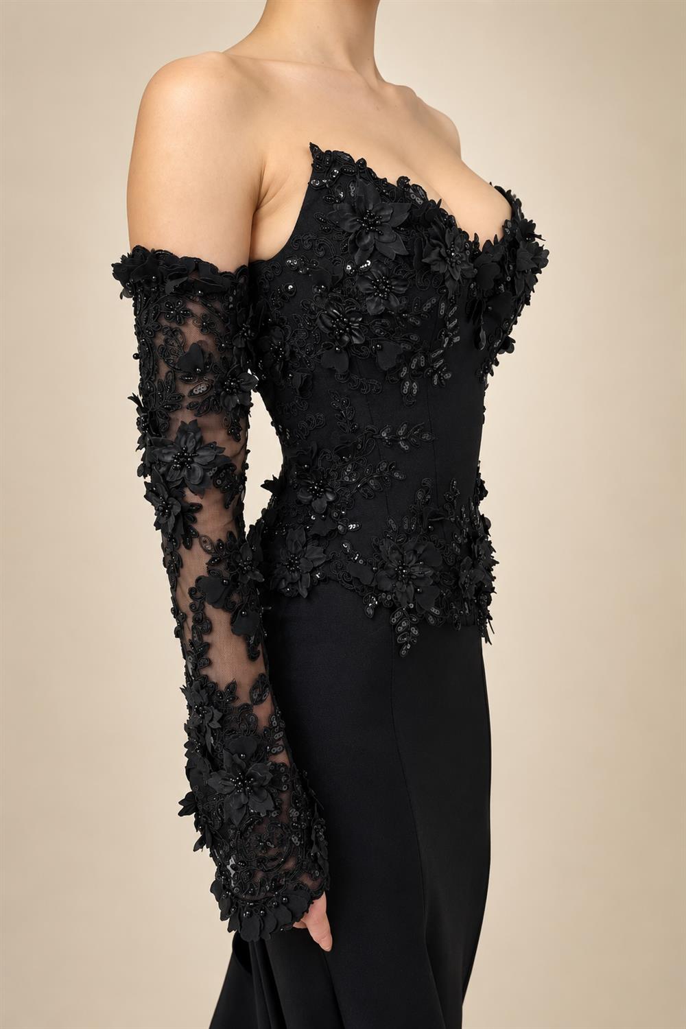 Black Luxury Gothic Wedding Dress Mermaid 3D Floral Lace  ZP195