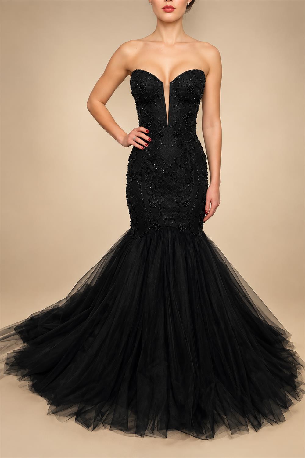 Black Luxury Gothic Wedding Dress Mermaid Beaded Lace Tassel Cape  ZP196
