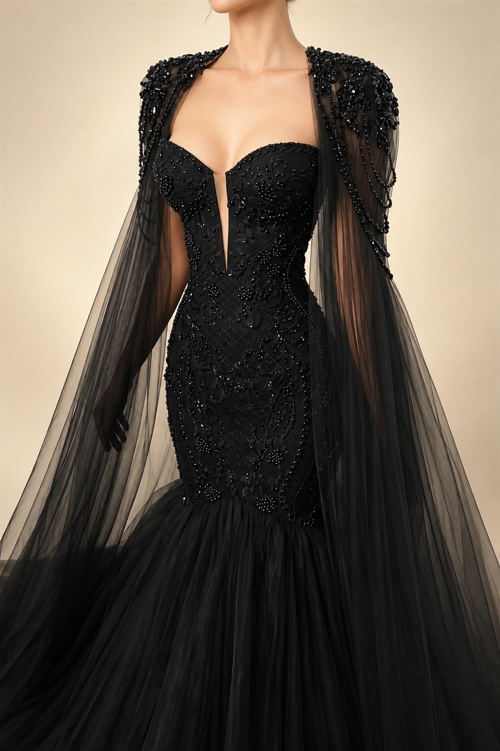 Black Luxury Gothic Wedding Dress Mermaid Beaded Lace Tassel Cape  ZP196
