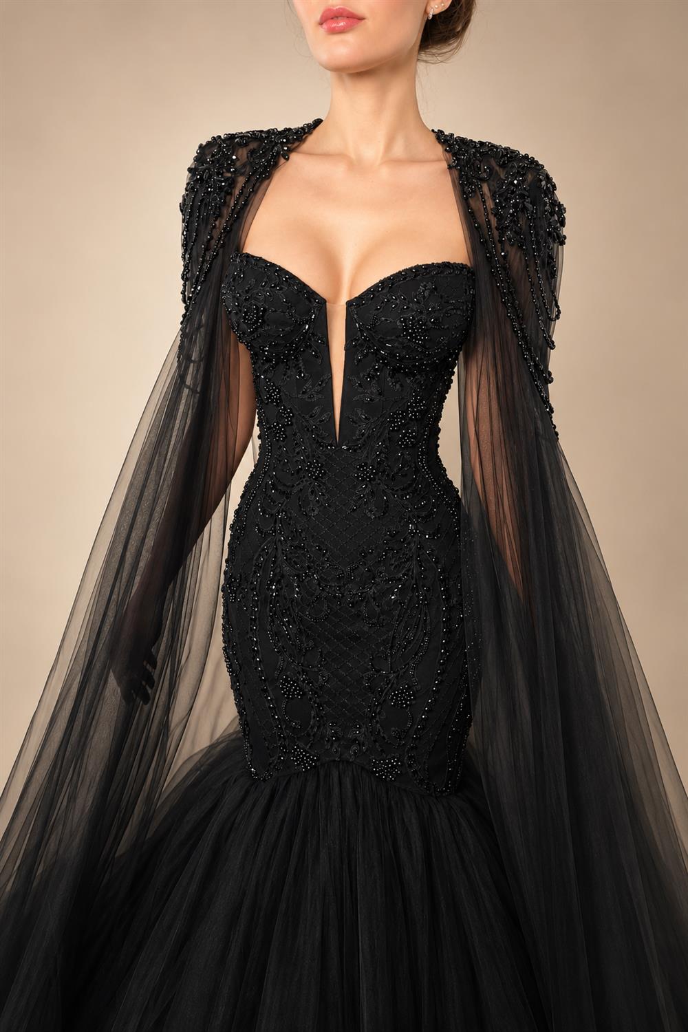Black Luxury Gothic Wedding Dress Mermaid Beaded Lace Tassel Cape  ZP196