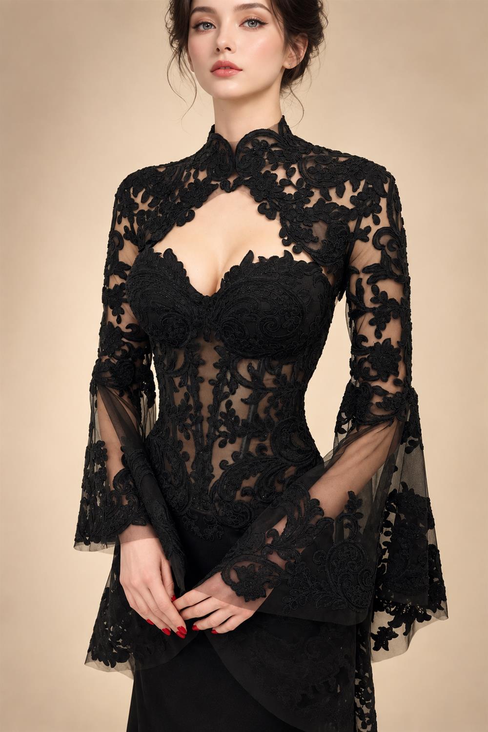 Black Luxury Gothic  Wedding Dress Sheer Lace Mermaid  ZP200