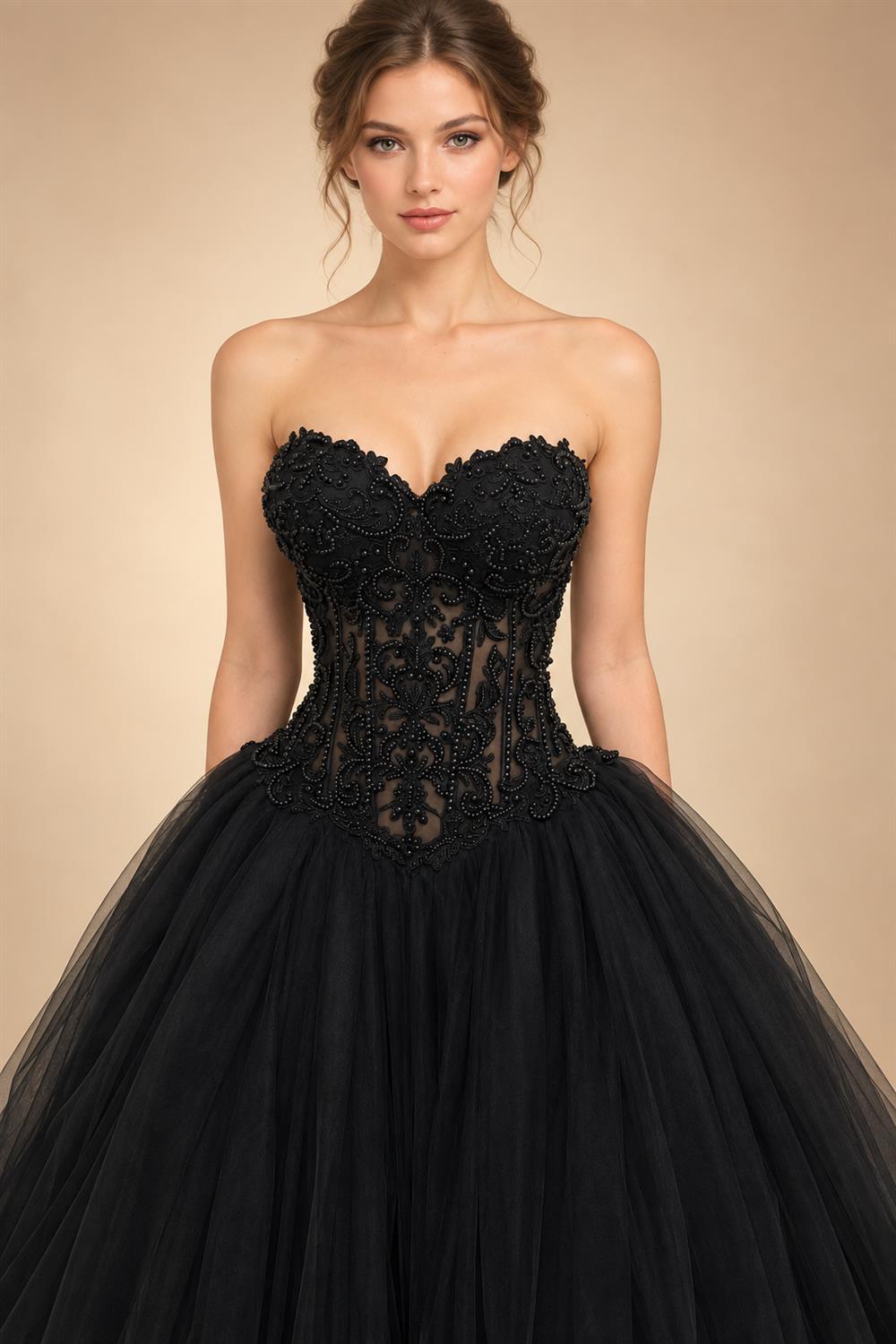 Black Lace Heavy Gothic Beading Wedding Dress Ballgown Corset Closure  ZP202