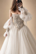 White Draped Pearl Tulle Ball Gown Bridal Dress with Puff Sleeves ZP205