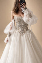 White Draped Pearl Tulle Ball Gown Bridal Dress with Puff Sleeves ZP205