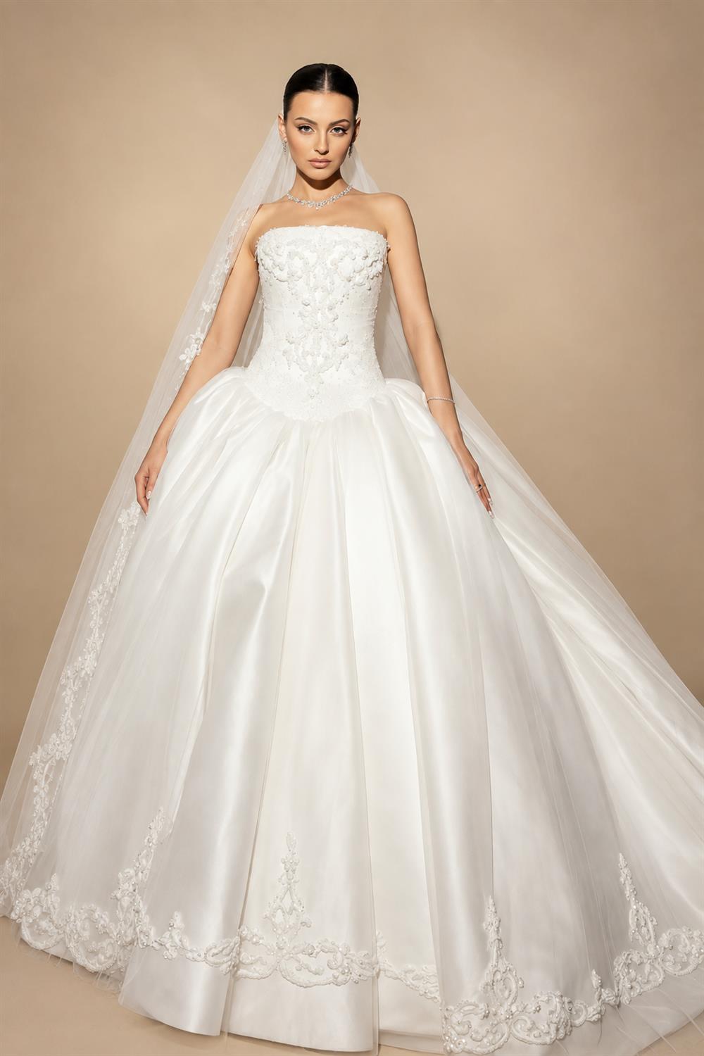 White Satin Tulle Ball Gown Bridal Dress with Embroidered Lace Bodice ZP207