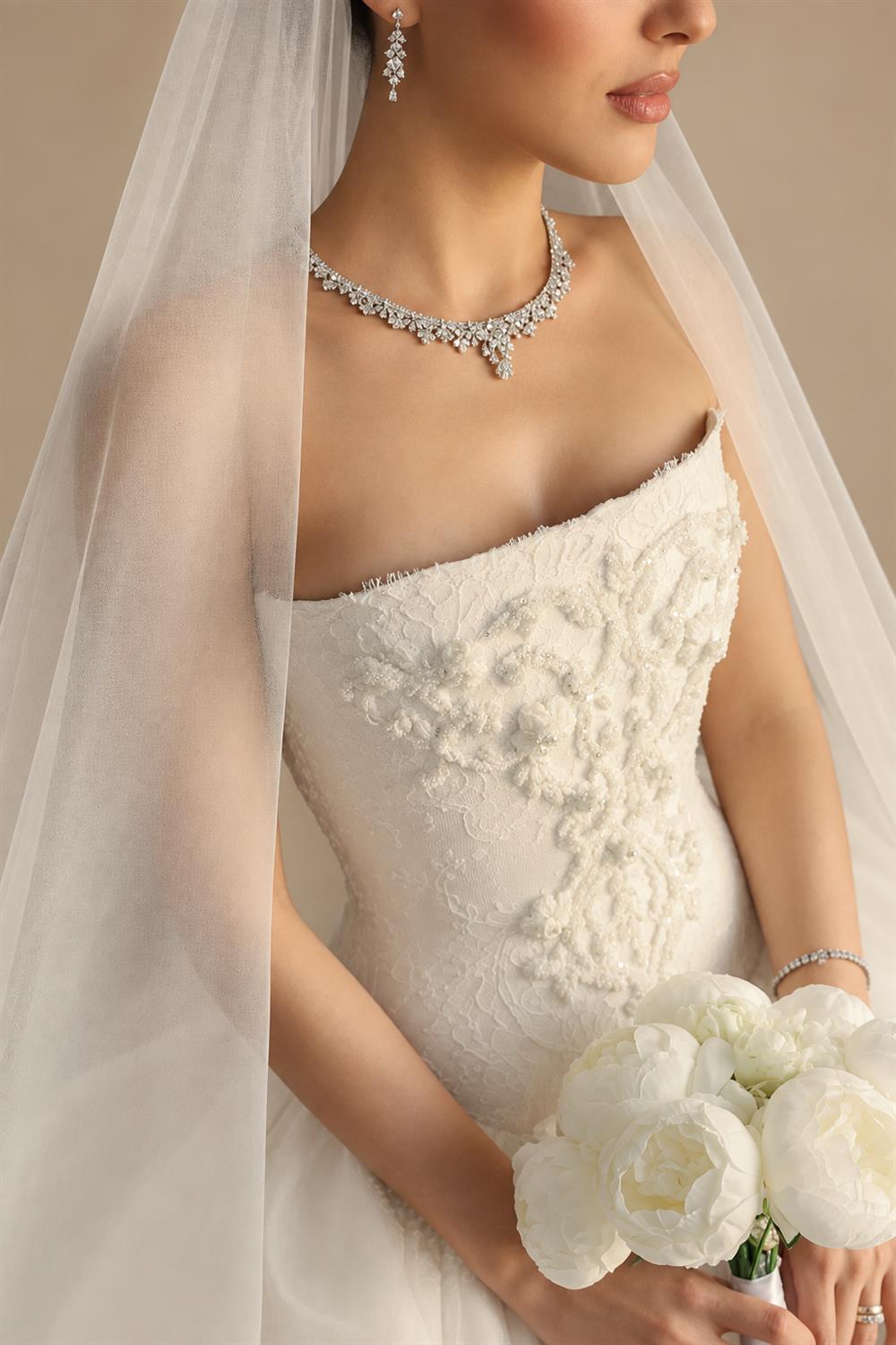 White Satin Tulle Ball Gown Bridal Dress with Embroidered Lace Bodice ZP207
