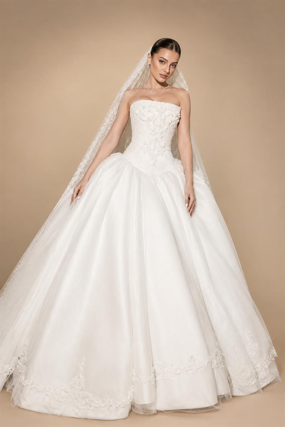 White Satin Tulle Ball Gown Bridal Dress with Embroidered Lace Bodice ZP207