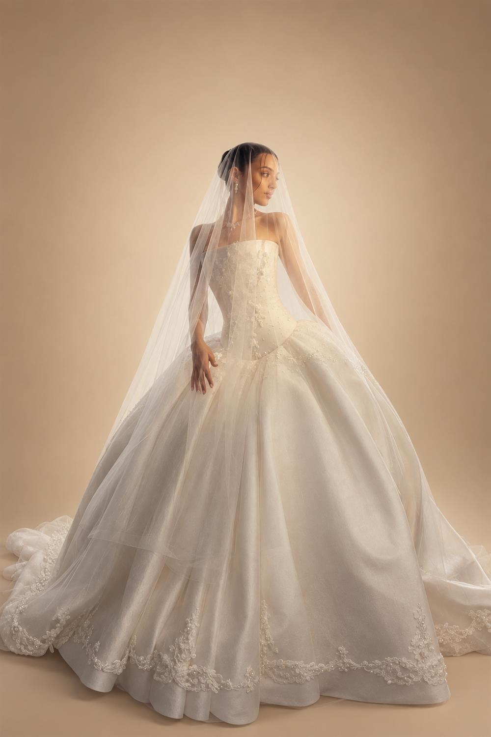 White Satin Tulle Ball Gown Bridal Dress with Embroidered Lace Bodice ZP207