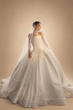 White Satin Tulle Ball Gown Bridal Dress with Embroidered Lace Bodice ZP207