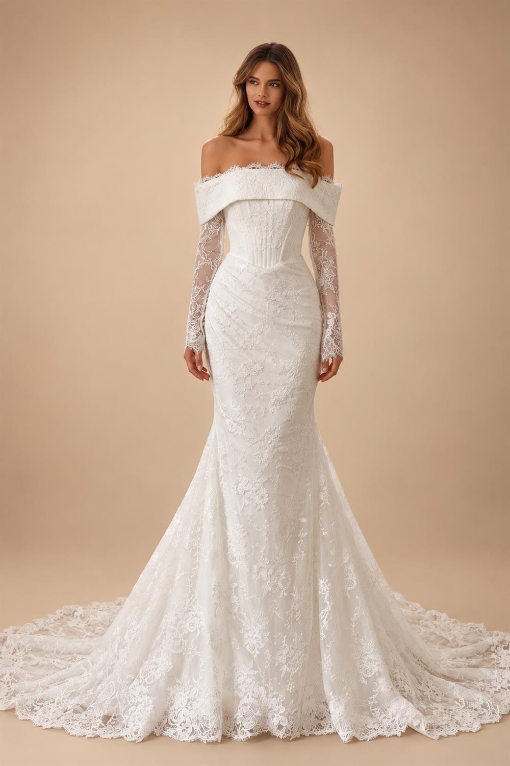White Long Sleeve Corset Mermaid Bridal Gown with Cathedral Train ZP209
