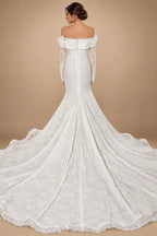 White Long Sleeve Corset Mermaid Bridal Gown with Cathedral Train ZP209