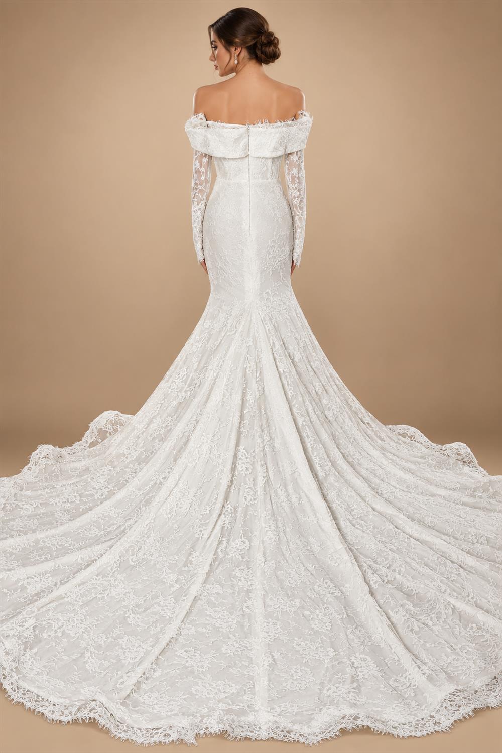 White Long Sleeve Corset Mermaid Bridal Gown with Cathedral Train ZP209