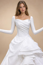White Ruched Bodice Tiered Voluminous Satin Bridal Gown ZP210