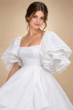 White Ruched Bodice Tiered Voluminous Satin Bridal Gown ZP210
