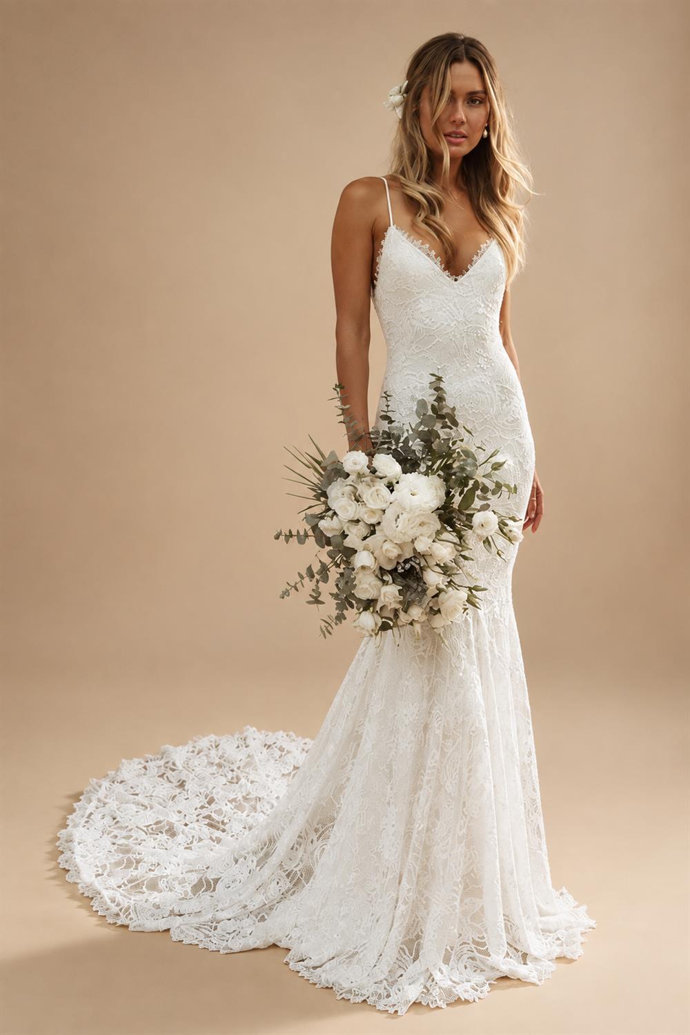 Boho Mermaid V-Neck Spaghetti Straps Wedding Dress with Court Train & Lace Backless | ZapDress