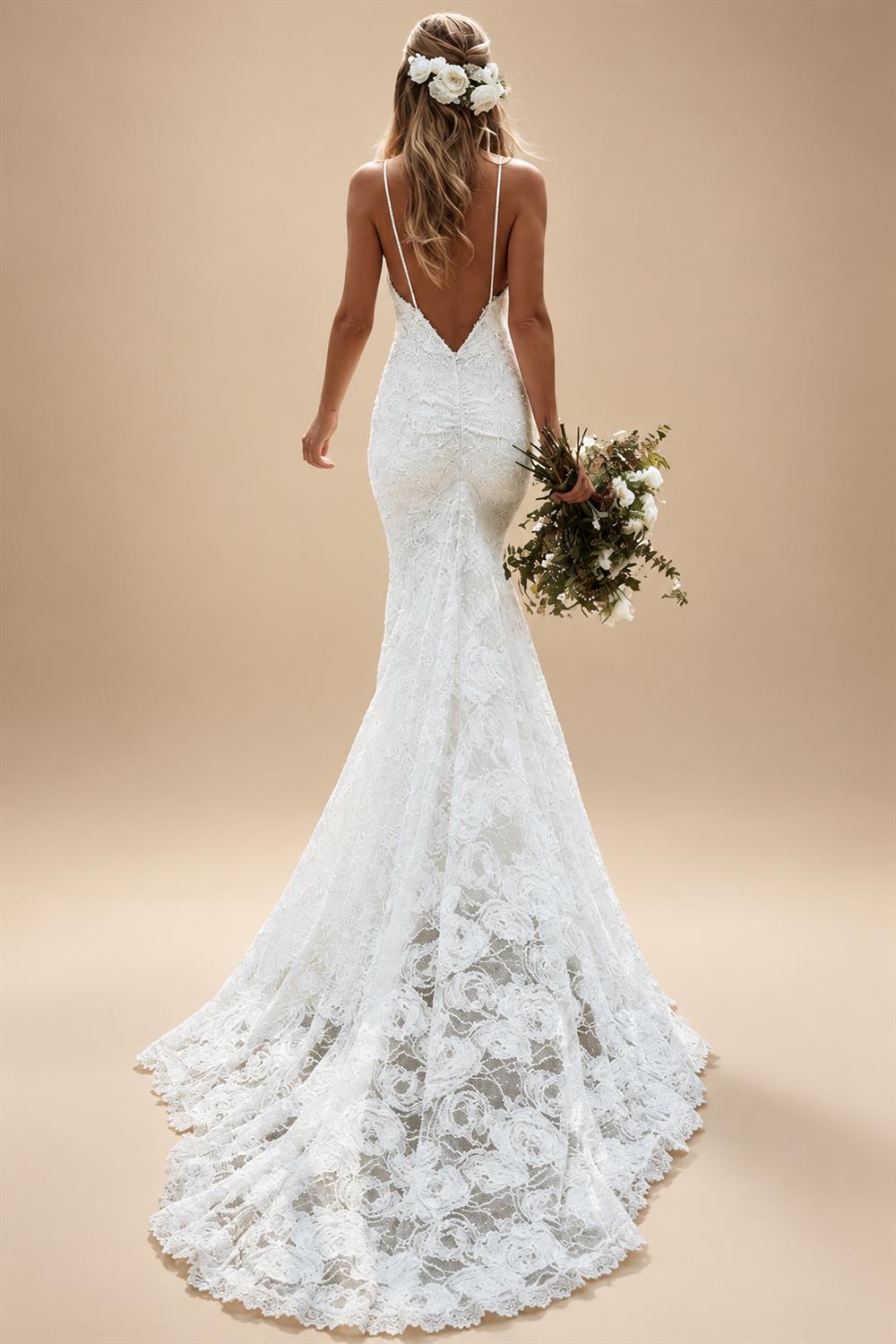 Boho Mermaid V-Neck Spaghetti Straps Wedding Dress with Court Train & Lace Backless | ZapDress