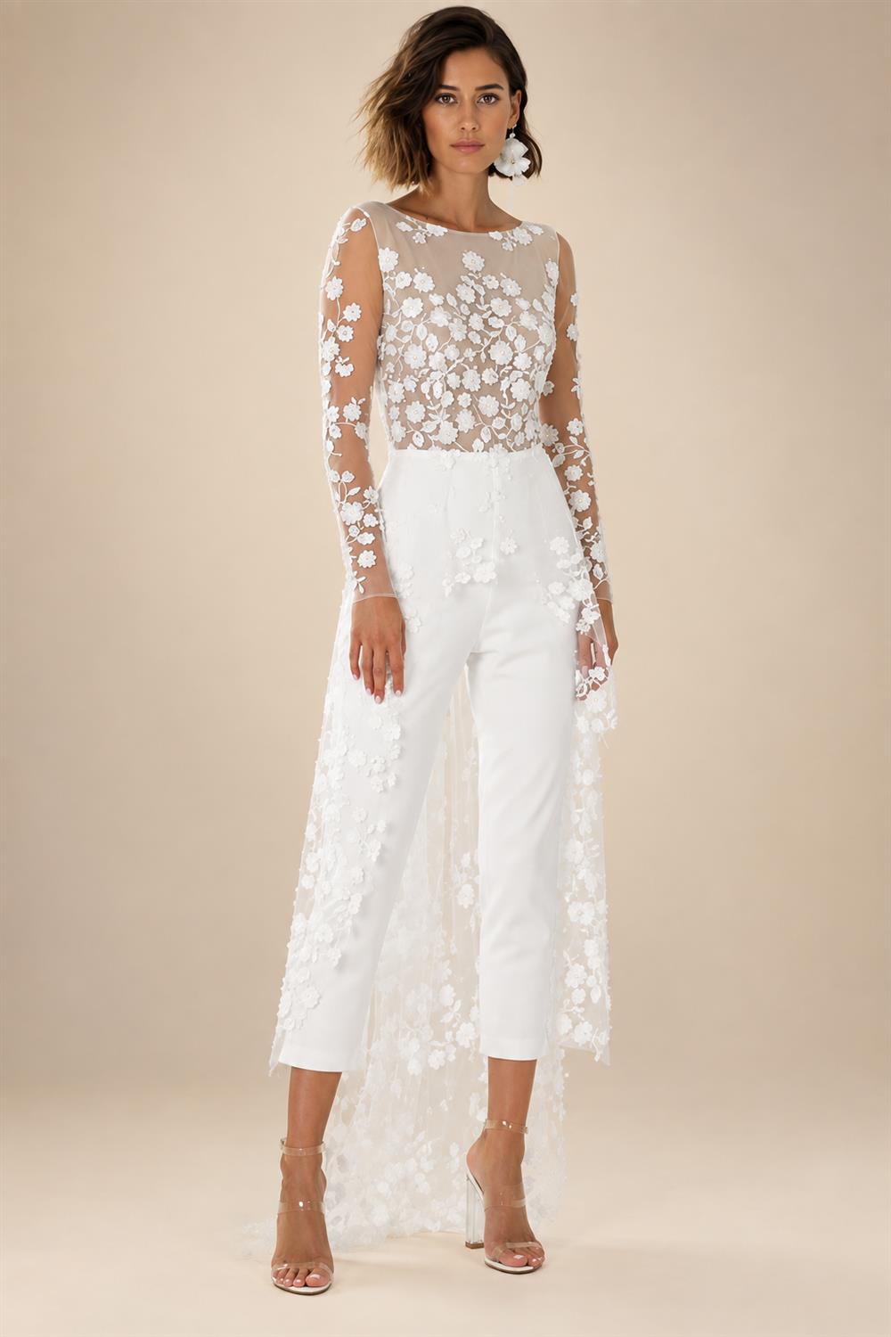White Jumpsuit Beach Wedding Dresses Long Sleeve