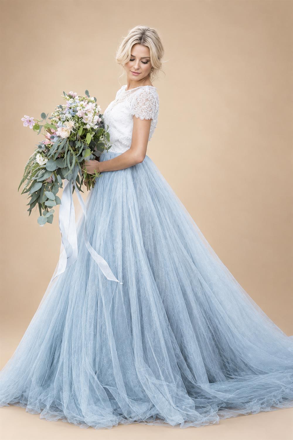 Blue Tulle Lace Top A-line Short Sleeves Wedding Dresses, Bridal Gown