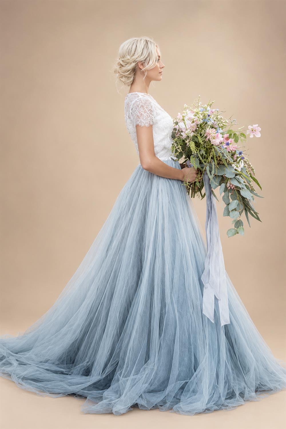 Blue Tulle Lace Top A-line Short Sleeves Wedding Dresses, Bridal Gown