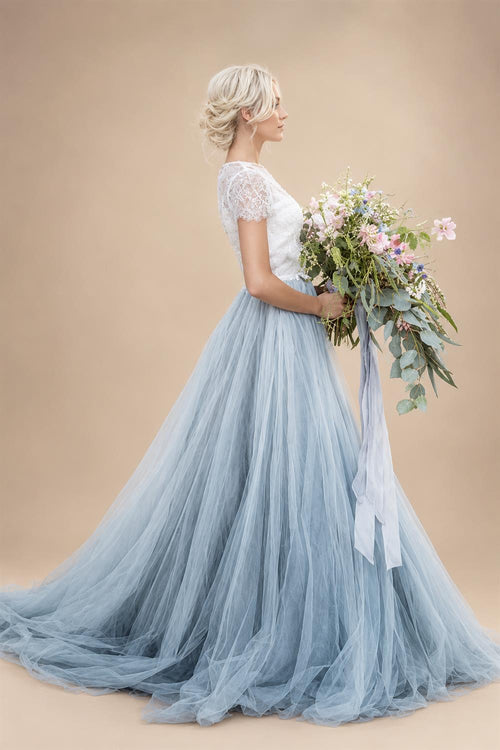 Blue Tulle Lace Top A-line Short Sleeves Wedding Dresses, Bridal Gown
