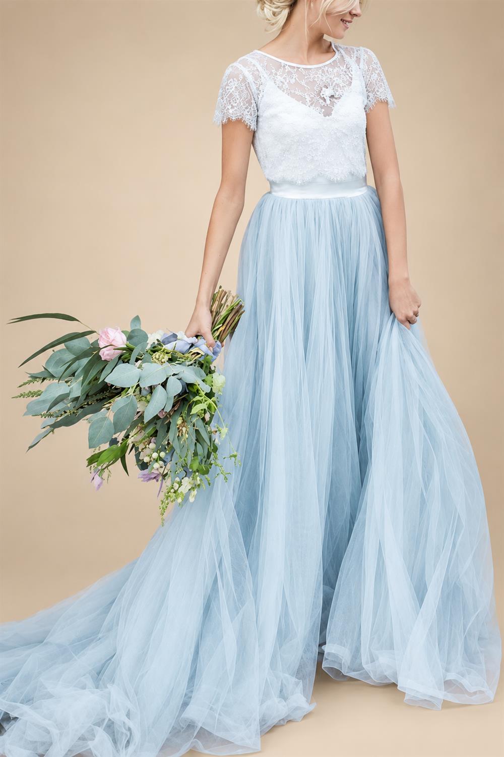 Blue Tulle Lace Top A-line Short Sleeves Wedding Dresses, Bridal Gown