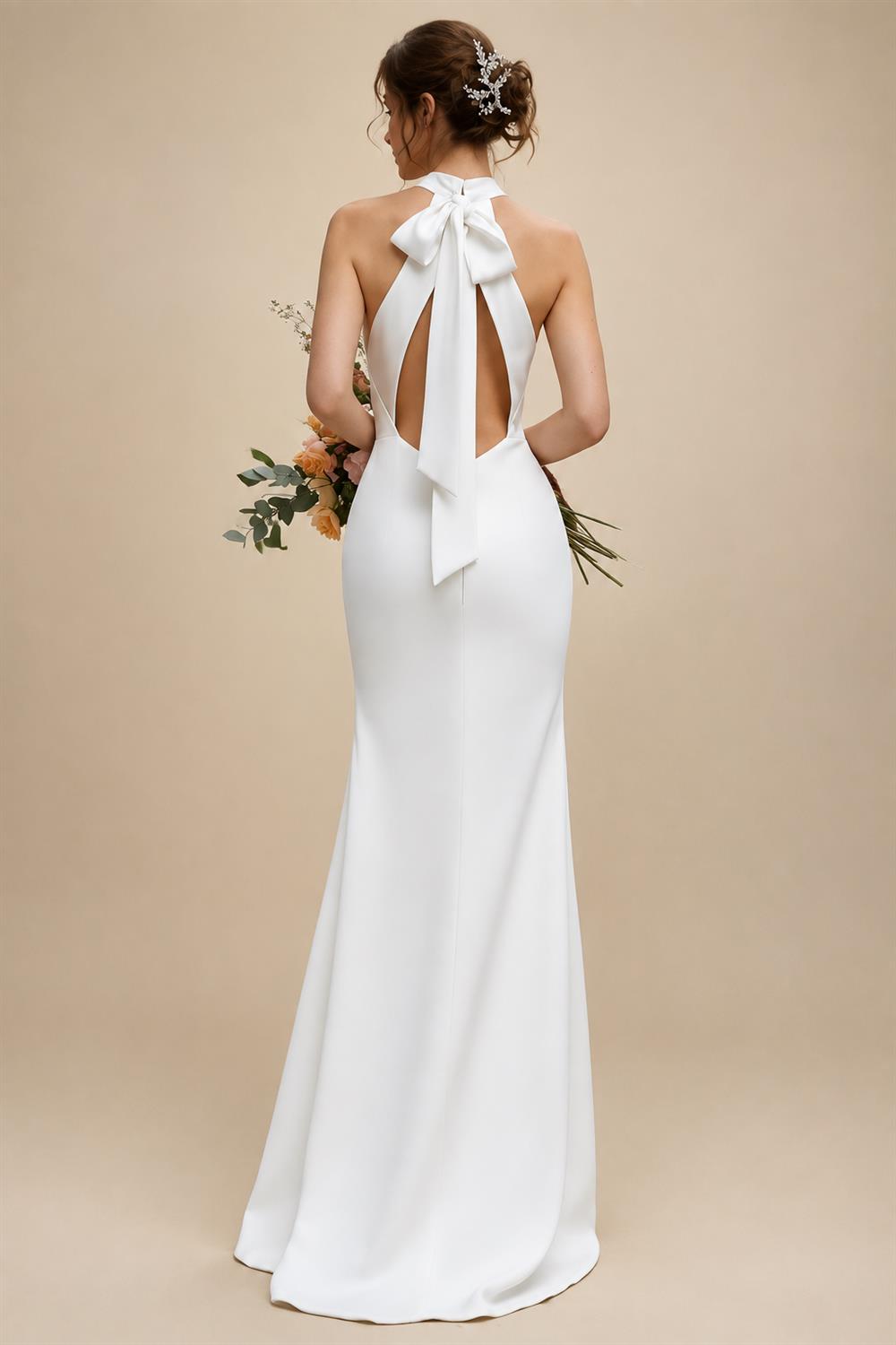 Beach Boho Wedding Dresses Sweep Train Mermaid Halter Sleeveless Stretch Fabric with Solid Color
