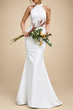 Beach Boho Wedding Dresses Sweep Train Mermaid Halter Sleeveless Stretch Fabric with Solid Color