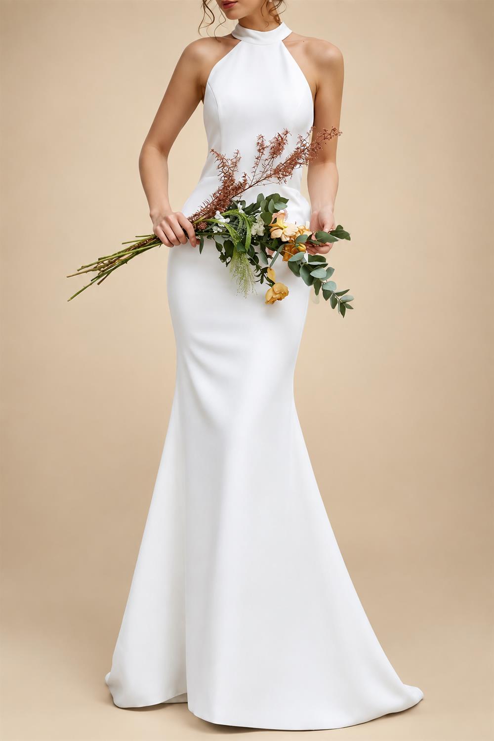 Beach Boho Wedding Dresses Sweep Train Mermaid Halter Sleeveless Stretch Fabric with Solid Color