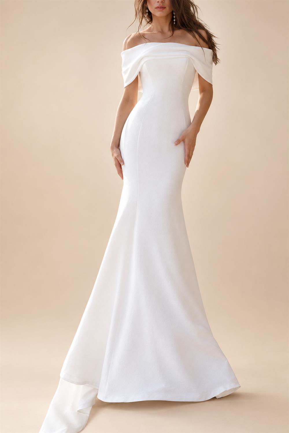 Beach Simple Mermaid / Trumpet Off Shoulder Cap Sleeve Court Train Satin Wedding Dresses Bridal Gowns