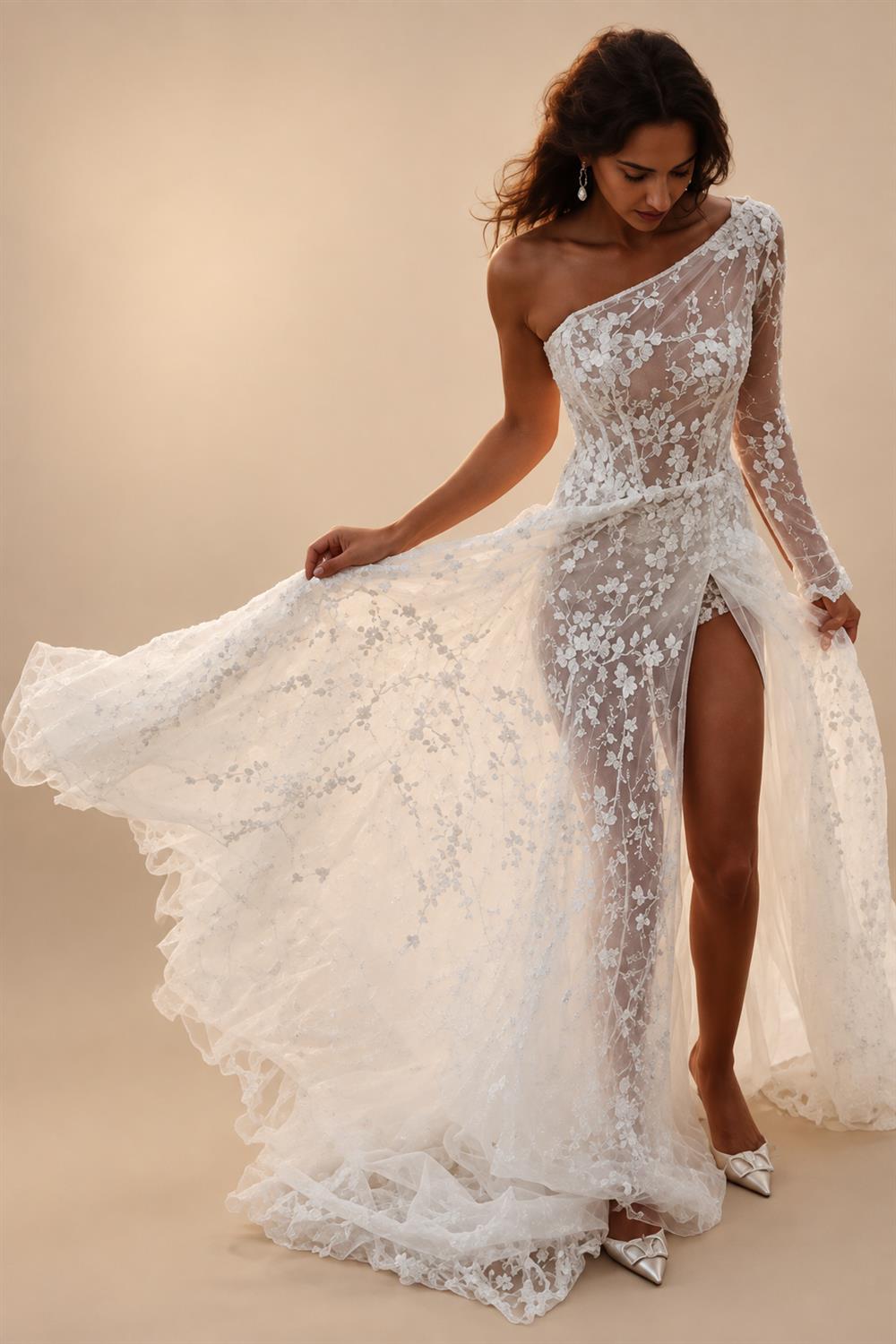 Beach Sexy Boho Wedding Dresses A-Line One Shoulder Long Sleeve Sweep / Brush Train Lace Bridal Gowns With Split Front