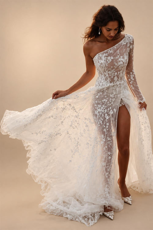 Beach Sexy Boho Wedding Dresses A-Line One Shoulder Long Sleeve Sweep / Brush Train Lace Bridal Gowns With Split Front