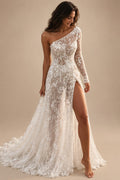 Beach Sexy Boho Wedding Dresses A-Line One Shoulder Long Sleeve Sweep / Brush Train Lace Bridal Gowns With Split Front