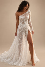 Beach Sexy Boho Wedding Dresses A-Line One Shoulder Long Sleeve Sweep / Brush Train Lace Bridal Gowns With Split Front