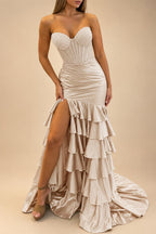 Luxury Crystal Ruffle Removable Off Shoulder Long Mermaid Prom Dress in Champagne
