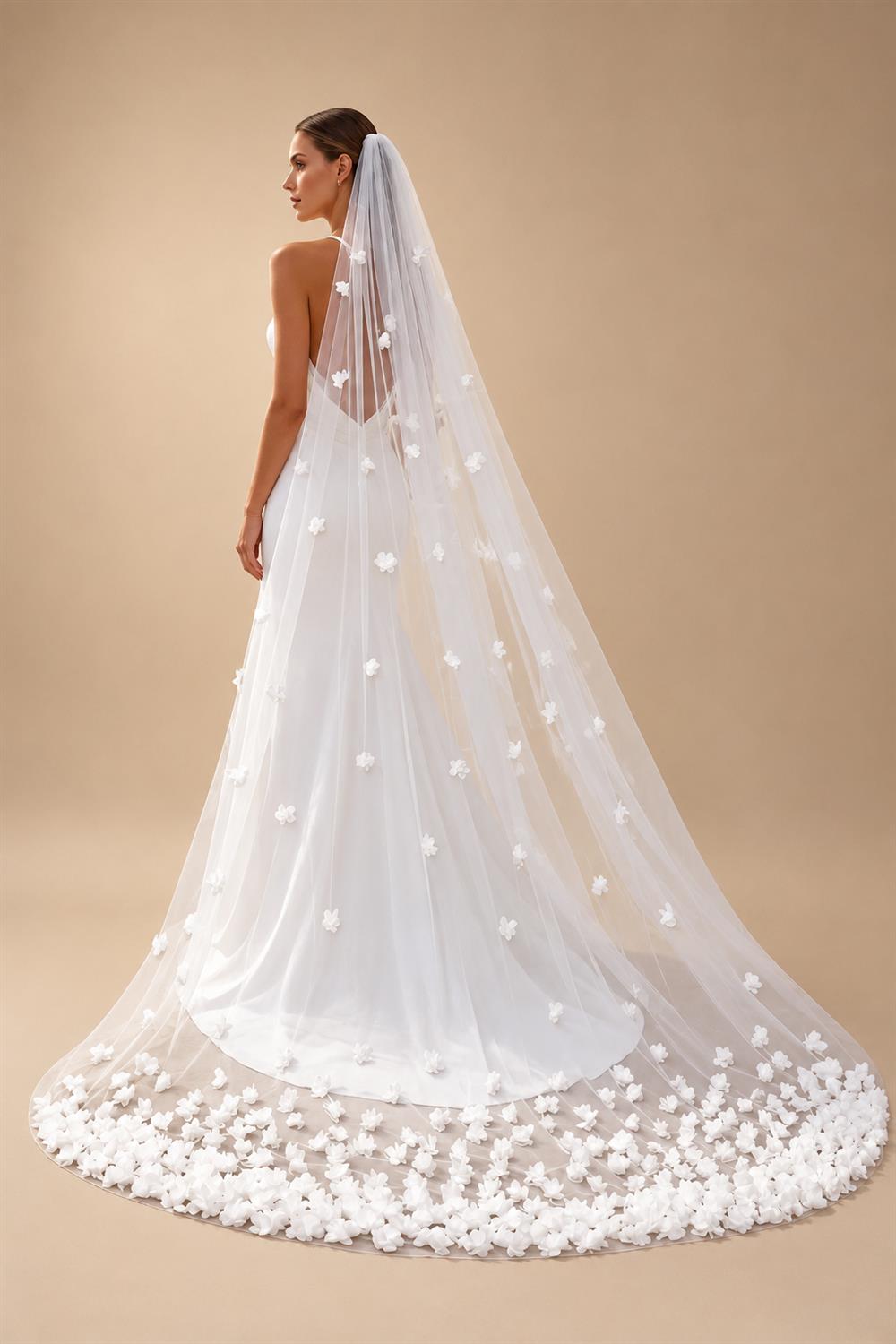 3D Tulle Flower Cathedral Bridal Veil Train Soft Tulle Wedding Veil with Comb White Ivory for Wedding Ceremony Photography G93