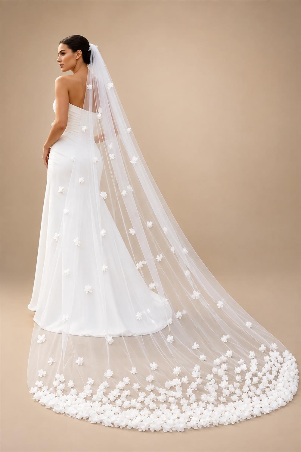3D Tulle Flower Cathedral Bridal Veil Train Soft Tulle Wedding Veil with Comb White Ivory for Wedding Ceremony Photography G93