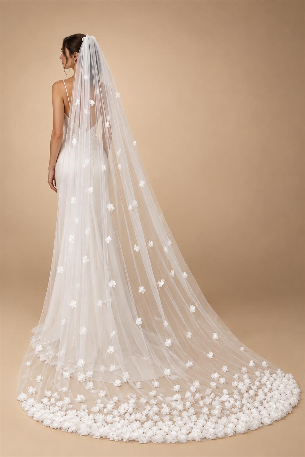 3D Tulle Flower Cathedral Bridal Veil Train Soft Tulle Wedding Veil with Comb White Ivory for Wedding Ceremony Photography G93