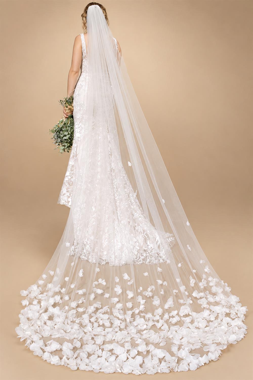 3D Tulle Flower Cathedral Bridal Veil Train Soft Tulle Wedding Veil with Comb White Ivory for Wedding Ceremony Photography G93