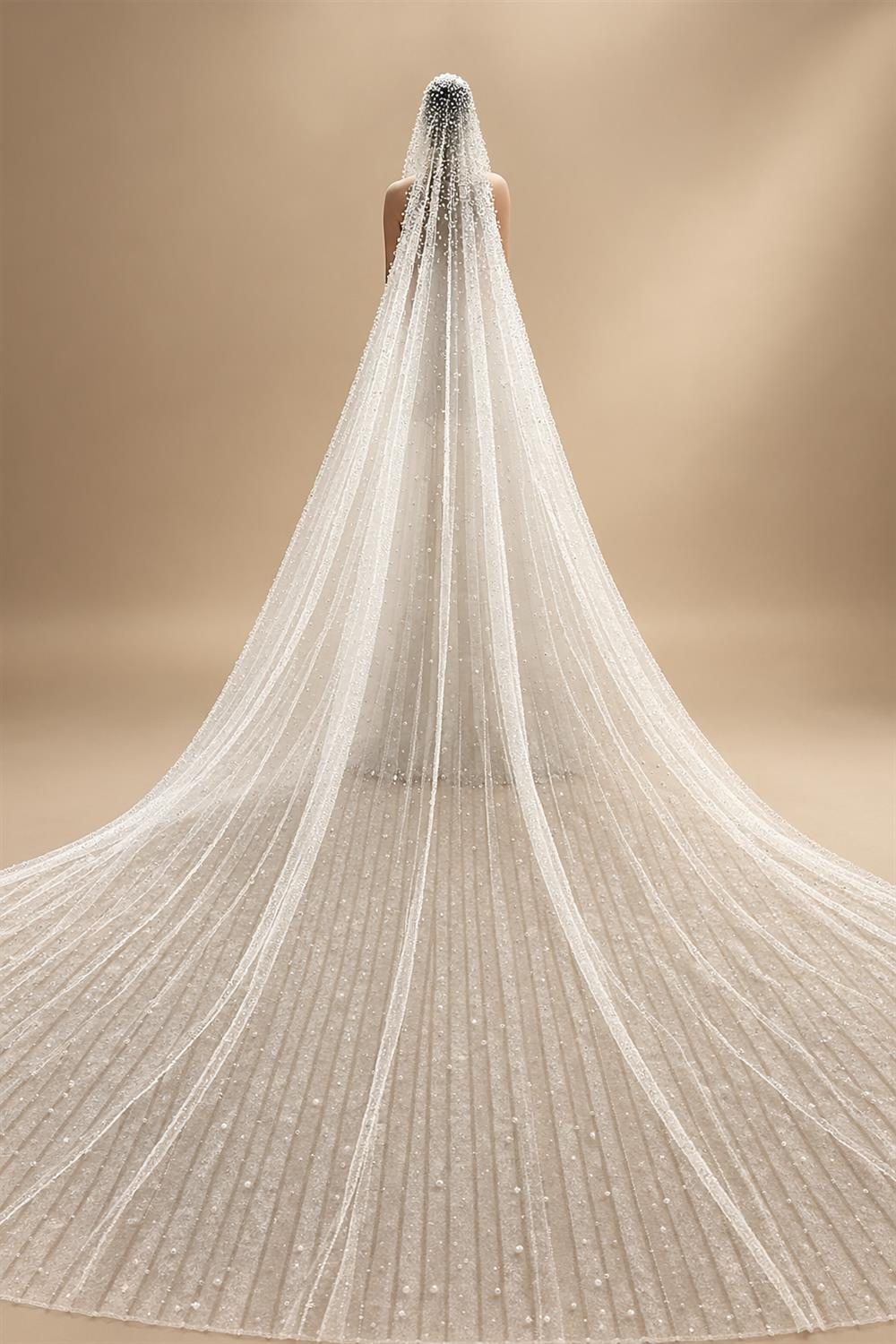 TOPQUEEN V139A Luxurious Wedding Veil with Pearls 5 Meter Long Bridal Veils Delicate Beaded Cathedral Length Veil Customizable