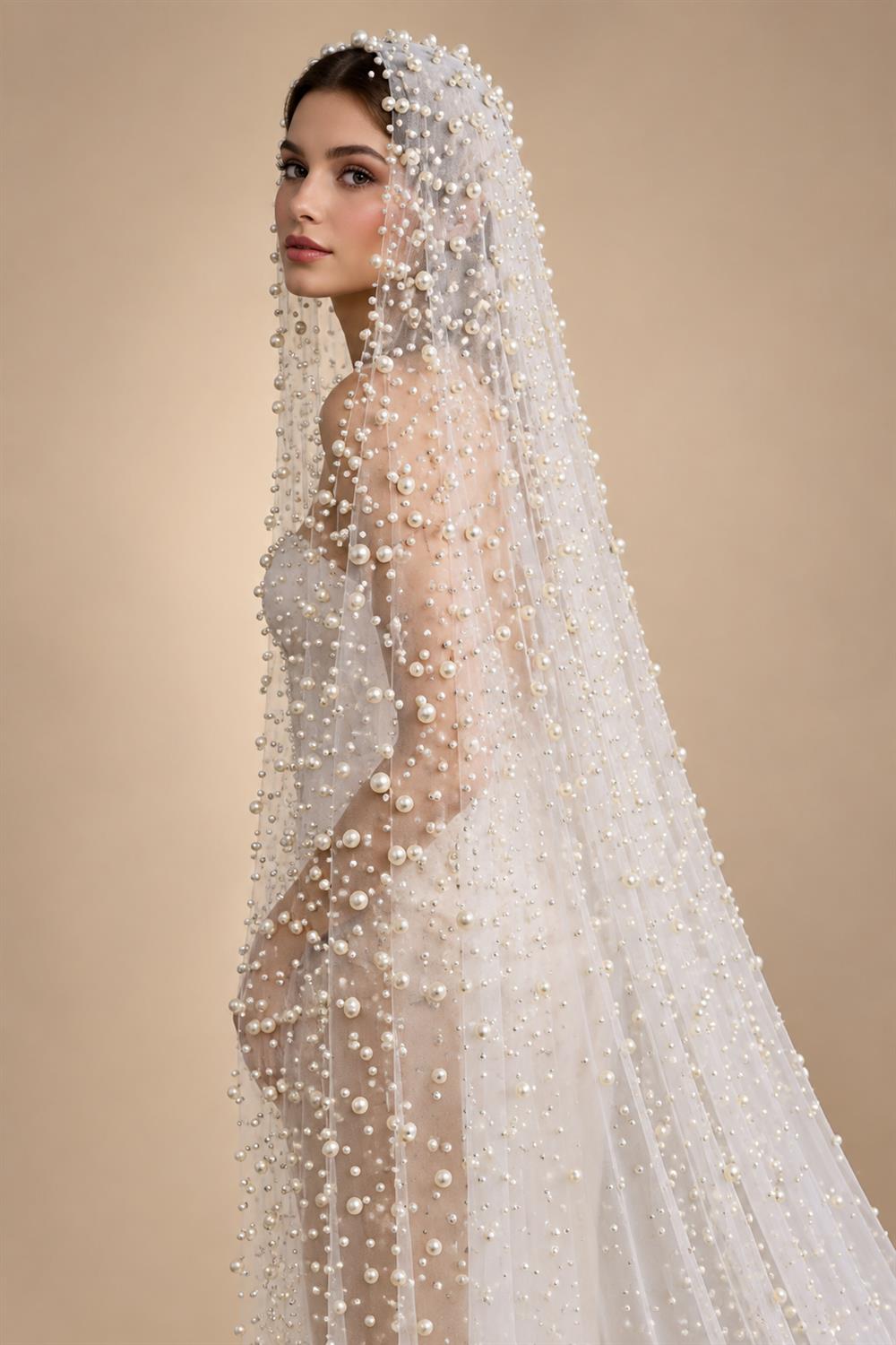 TOPQUEEN V139A Luxurious Wedding Veil with Pearls 5 Meter Long Bridal Veils Delicate Beaded Cathedral Length Veil Customizable